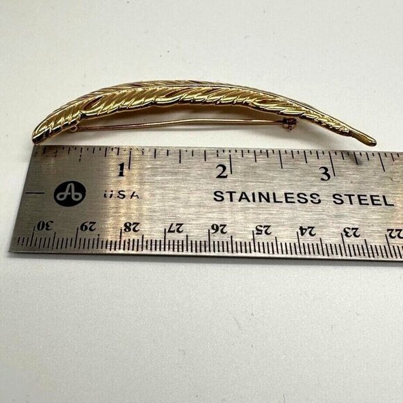 Vintage Monet Feather 3.5" Brooch Pin Polished Gold Tone Signed - Picture 5 of 6